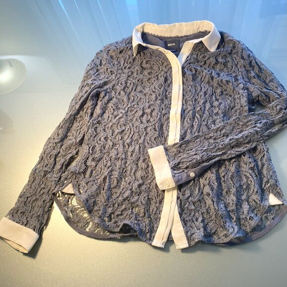 Anthropologie Maeve Long Sleeve Lace Top Cornflower Blue & White Size 6 Unlined - Picture 3 of 5